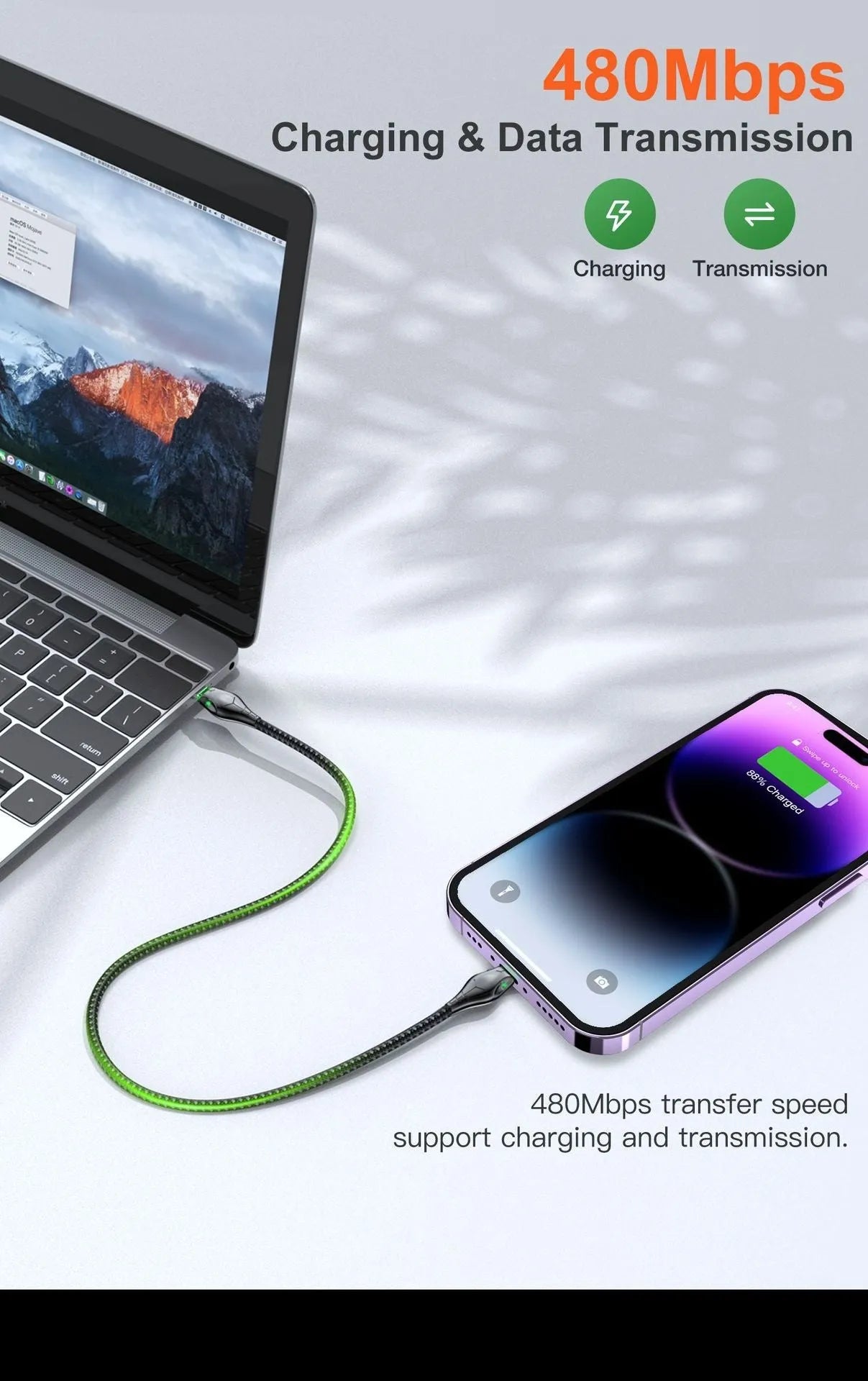 Black PD27W fast charge data cable with zinc alloy connector and indicator light for phone and tablet