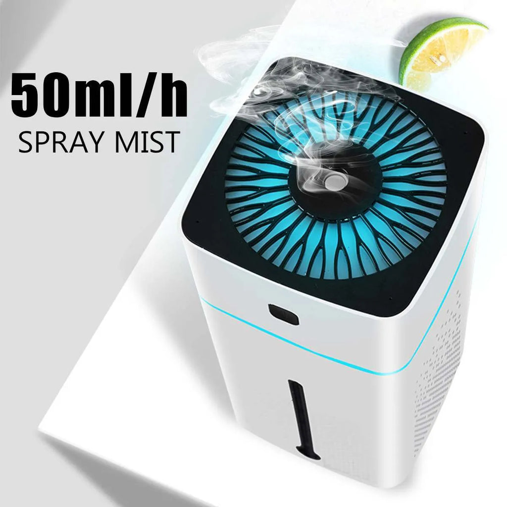 Black and white USB desktop humidifier with 1000ml water tank on a desk.