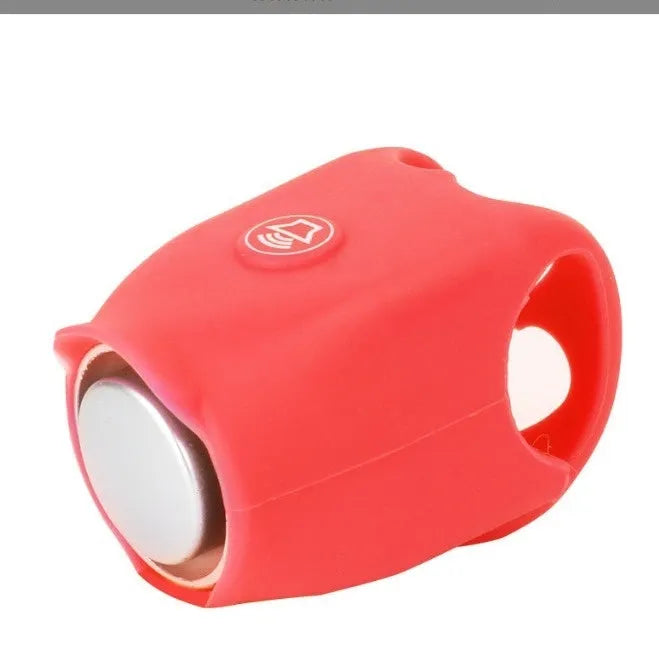 Plastic electronic bicycle horn in six colour choices showing compact size for handlebar mounting.