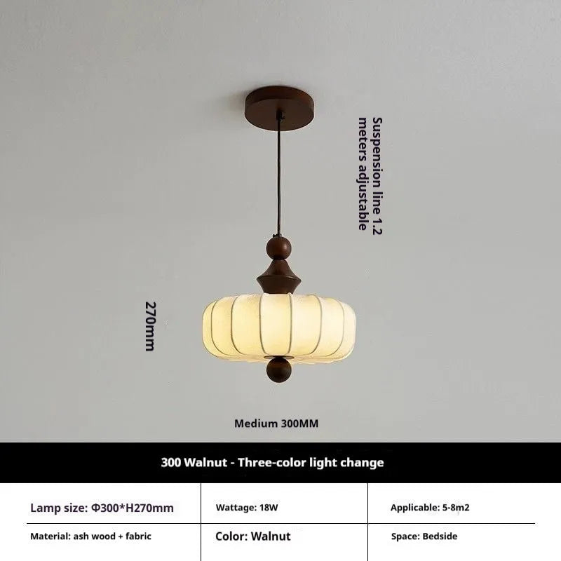 Mid-ancient French retro fabric ceiling lamp with ash wood frame in walnut colour on a ceiling