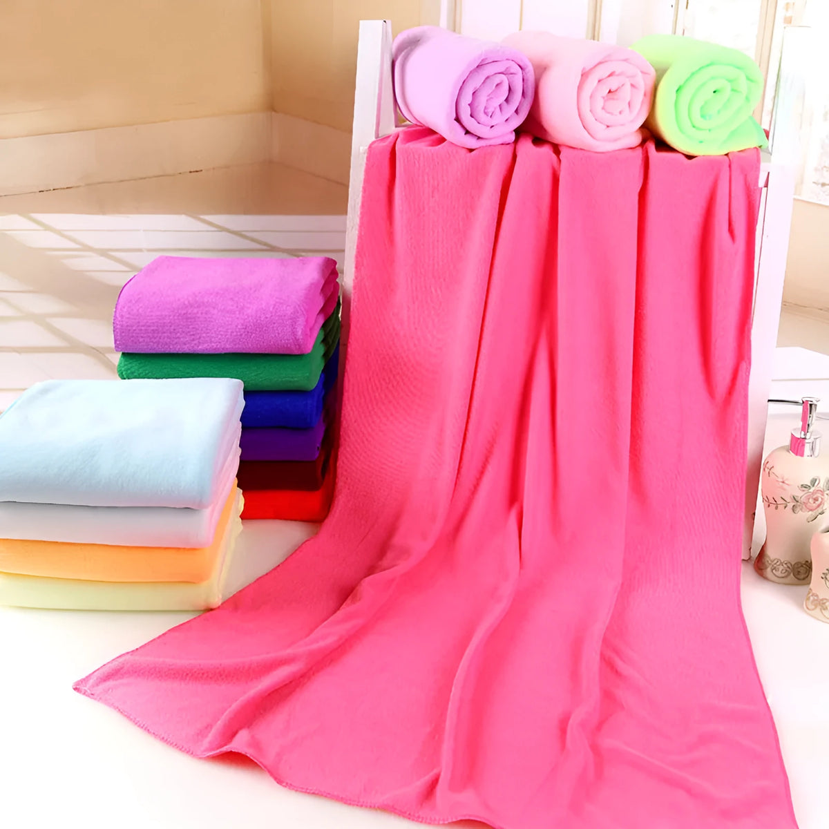 Microfiber bath towel 70x140cm in assorted colours including blue and beige, folded on a surface