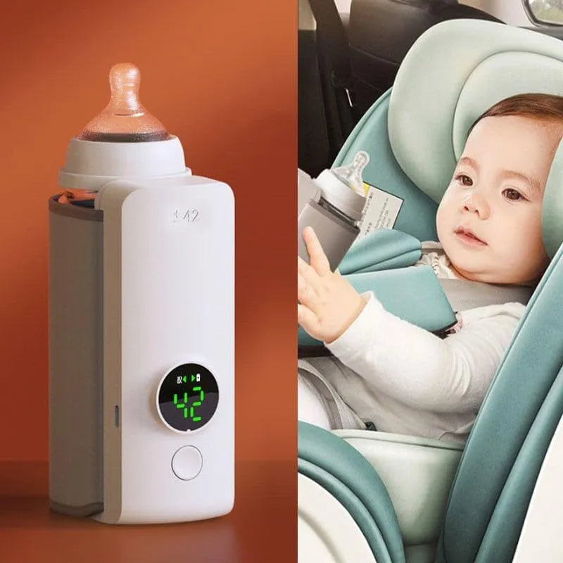 Grey portable baby bottle warmer with USB charging cable and wrap-around heating design