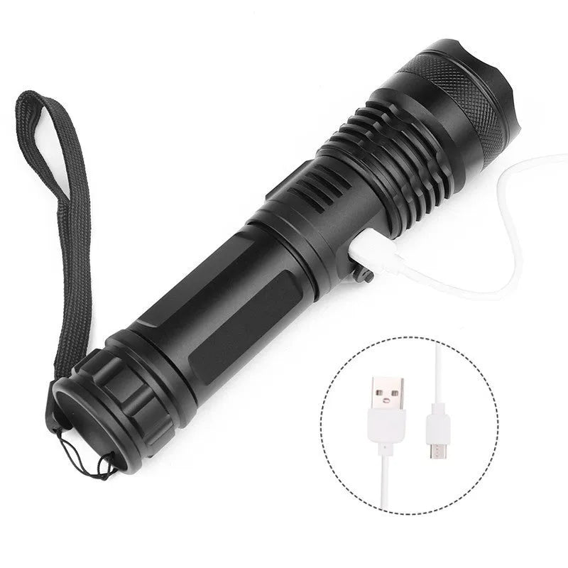 USB Charging Zoom P50 Flashlight with telescopic zoom, XHP70 LED, and aluminium shell
