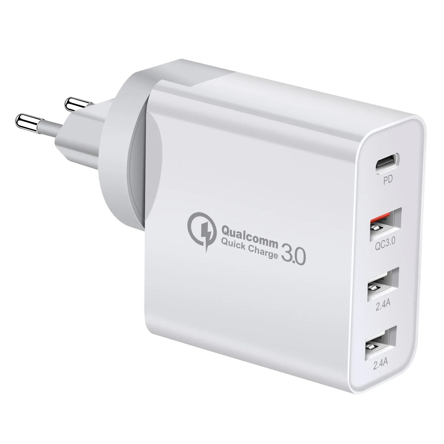 Black four-port USB-C wall charger with UK, US, EU, and AU plug adaptors on a white background.