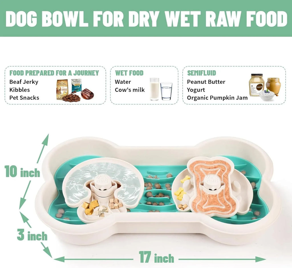 Large green three-tier slow feeder dog bowl with rotating puzzle trays and anti-slip suction cups.