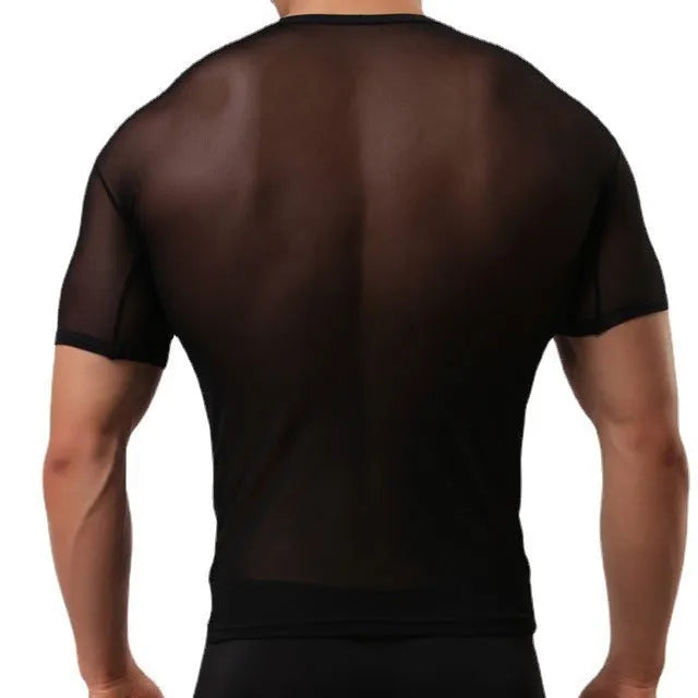 Men's transparent mesh t-shirt in slim fit with short sleeves, shown in solid colour options