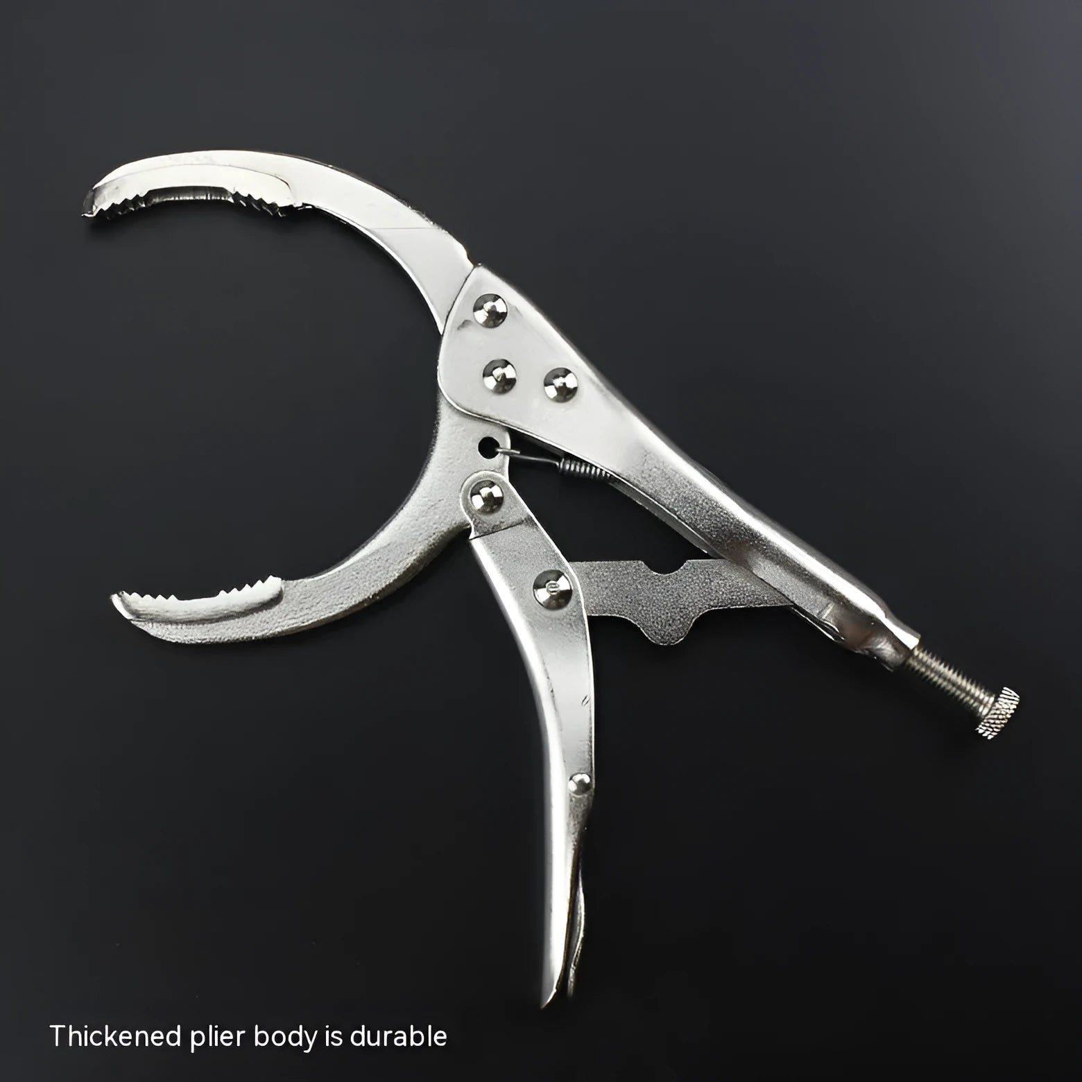 45 steel adjustable oil filter wrench showing clamp mechanism and 50-110mm range markings