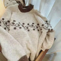 Korean style round neck jacquard colour matching loose knitted pullover sweater in apricot, grey, or brown, average size