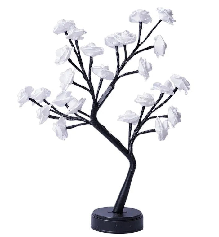 USB rose tree table lamp with bendable branches and LED night light in pink rose colour