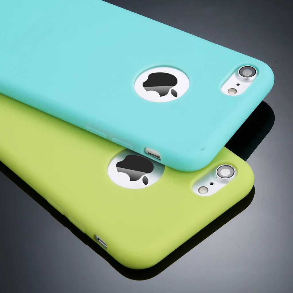 Soft TPU candy colour phone case for iPhone on a table.