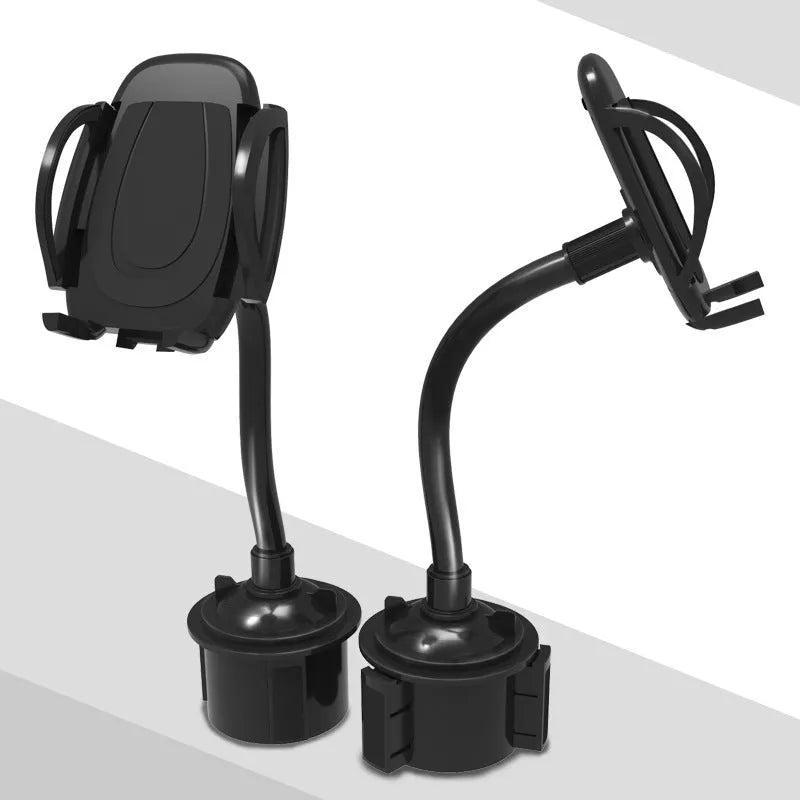 Black car cup holder mobile phone holder made of ABS and aluminium tube encapsulation, 9 x 9 x 16.5 cm, shown in a car interior.