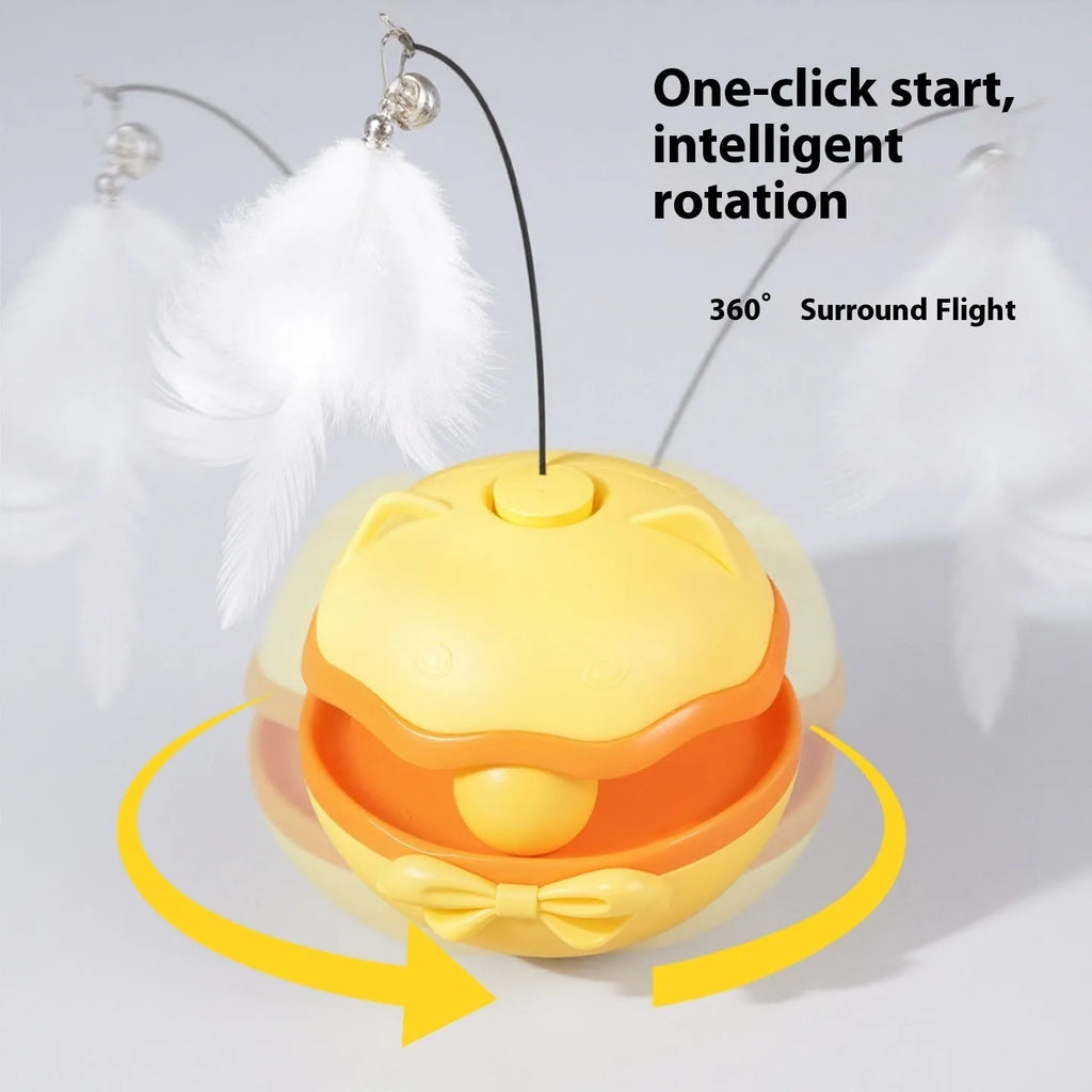 Electric cat toy with a grey tumbler base and a upright, bending wand for interactive play.