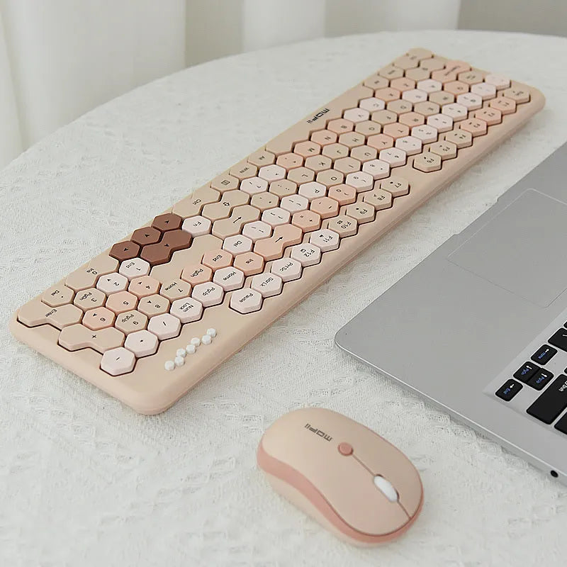 Skywalker wireless honeycomb keyboard and mouse set in milk tea colour with USB receiver