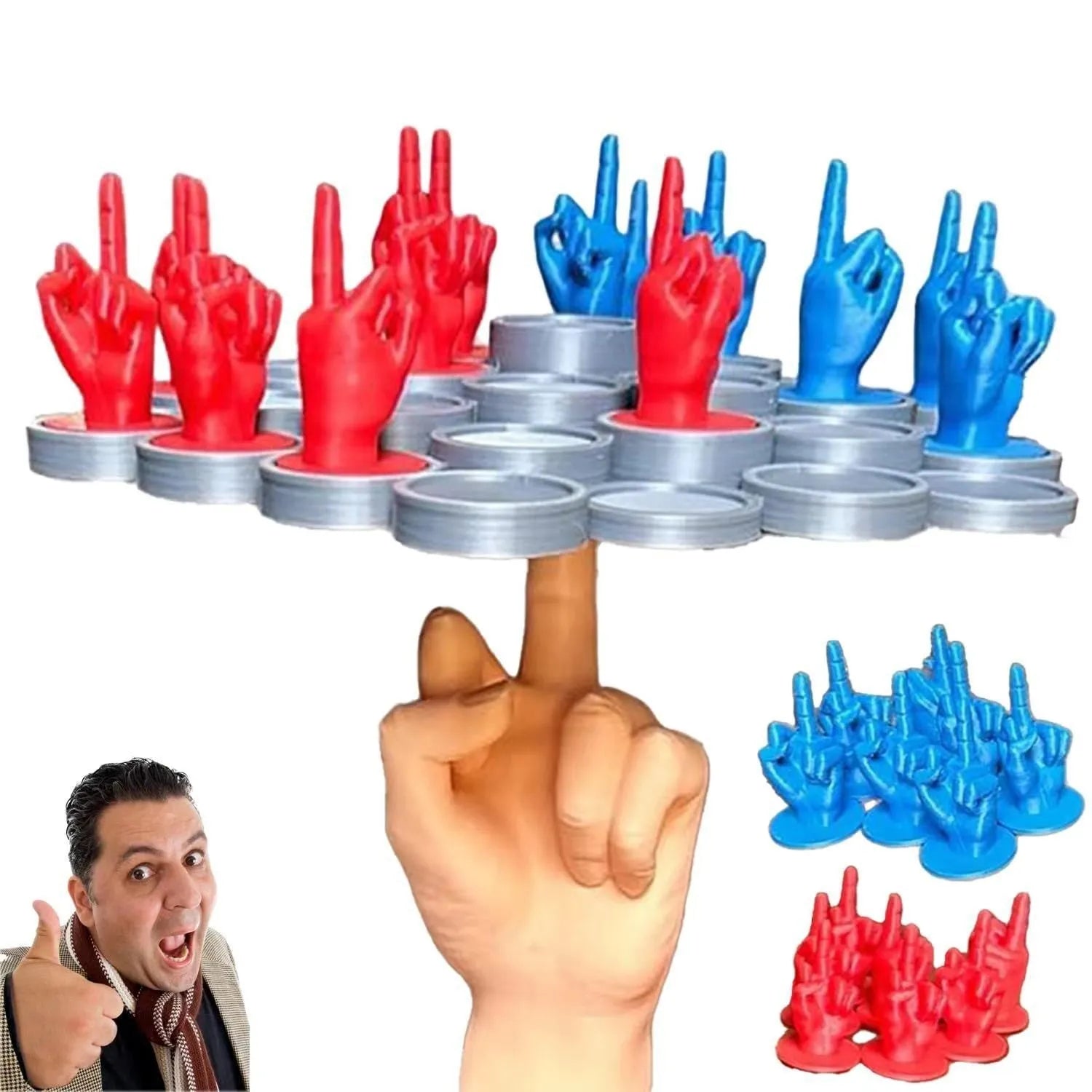 Middle Finger Balance Game with 28 PLA pieces in orange and green, arranged on a base for stacking play