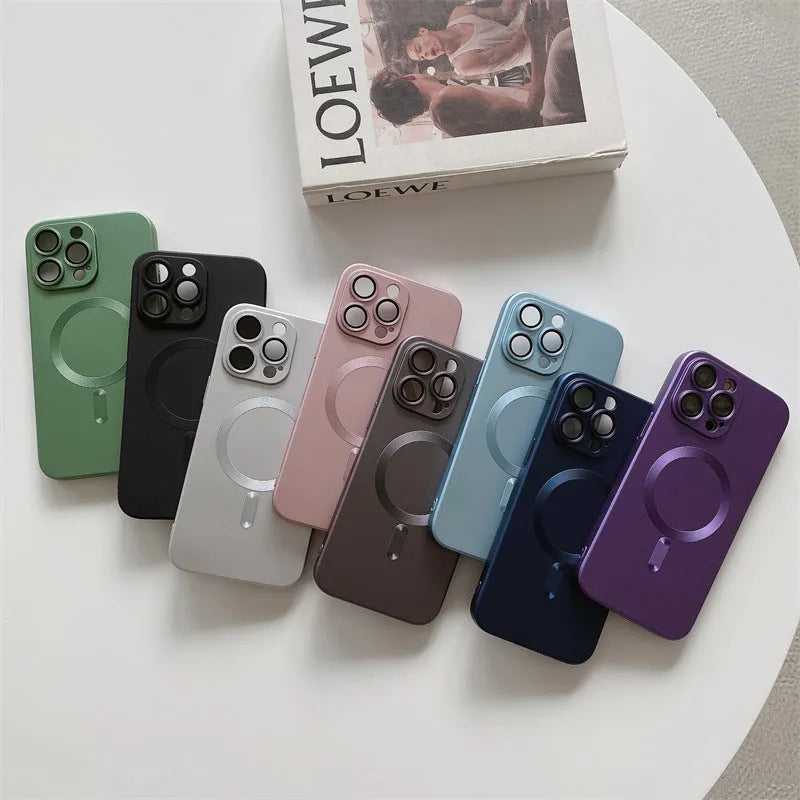 Magnetic suction liquid silica gel phone case with electroplated lens film for iPhone 15 16 series, available in multiple colours