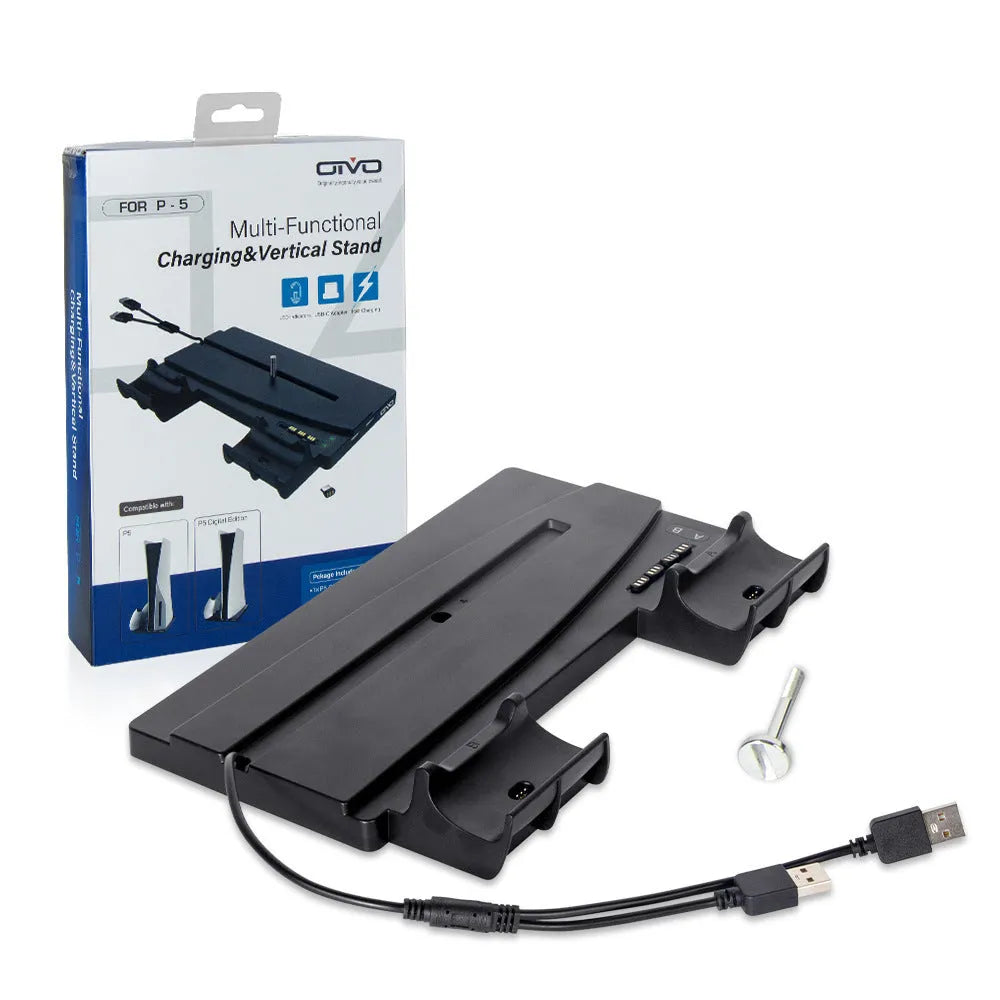 PS5 multi-function charger stand in black with USB cable, holding console and Bluetooth controller