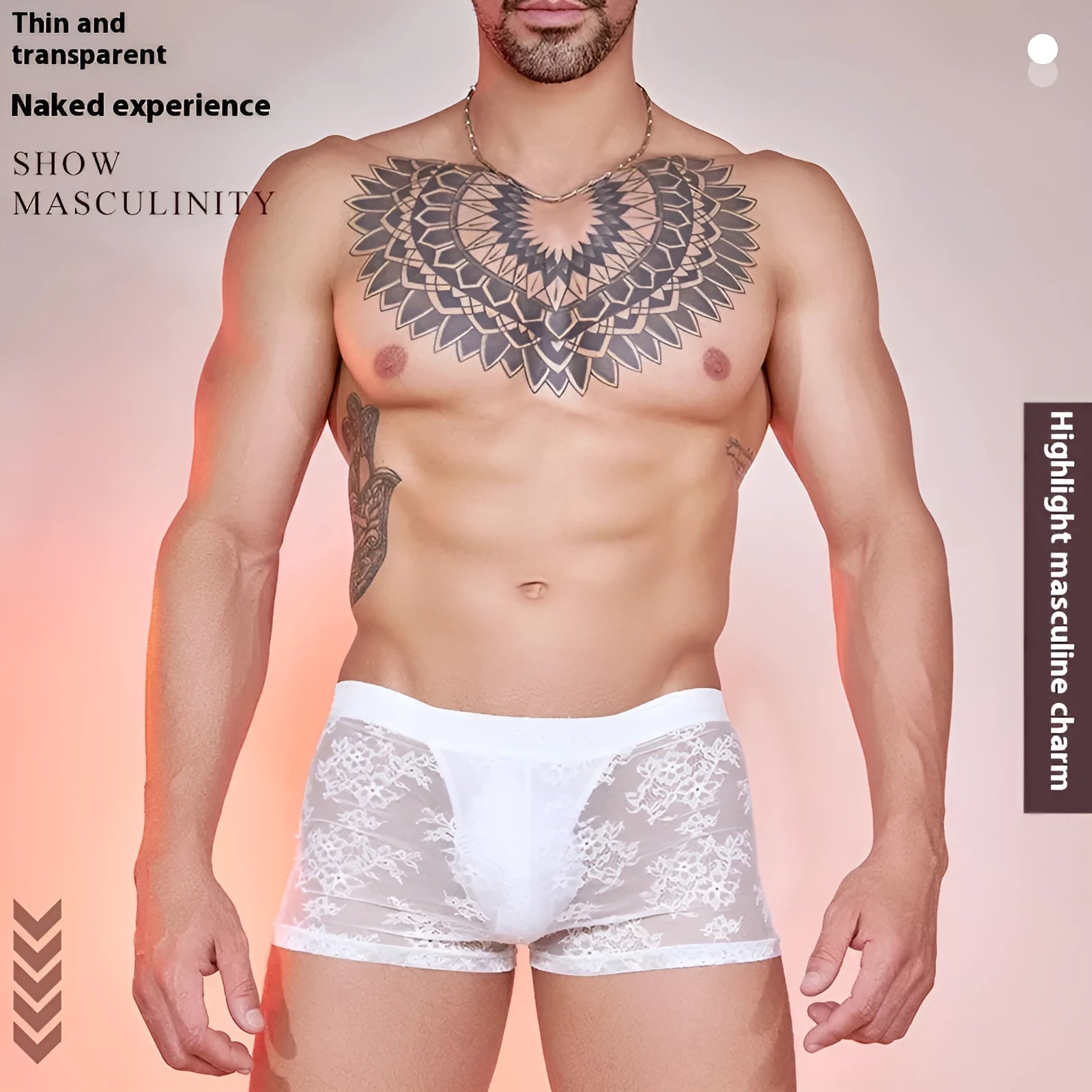 Men's black boxer briefs with a decorative white lace trim detail along the leg opening.