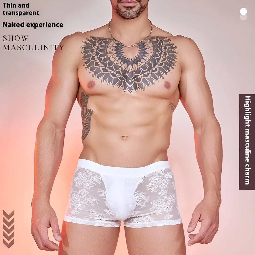 Men's black boxers with a lace detail on the front, made from nylon fabric.