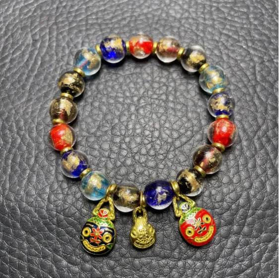 Glass bracelet with French glaze patterns and auspicious court symbols in geometric shapes