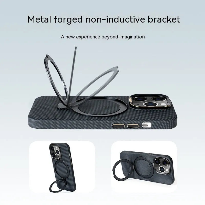 Carbon fibre phone case with magnetic bracket for Apple iPhone in graphite black