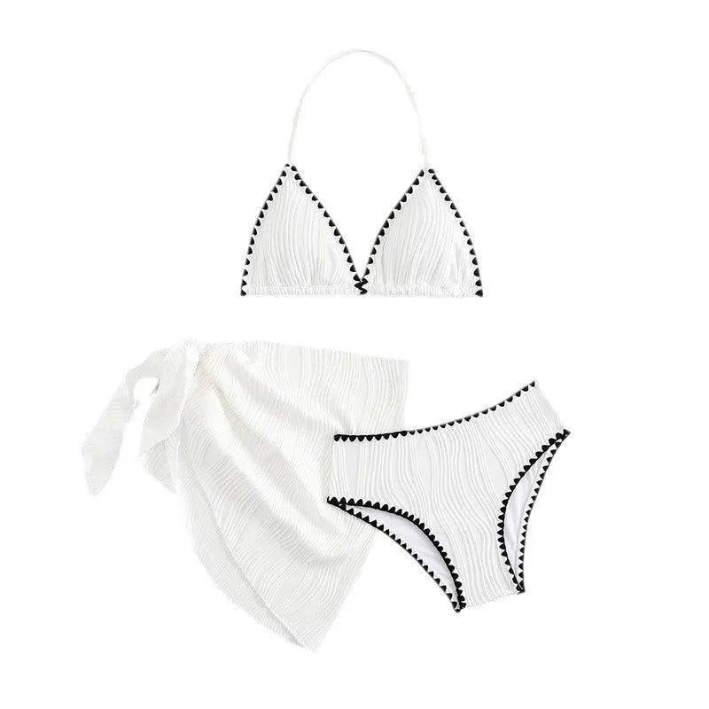 White solid colour three-piece swimsuit set for girls with top, pants, and skirt