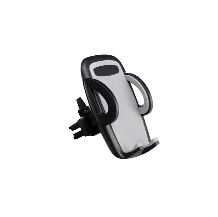 Black plastic universal mobile phone holder attached to a car air conditioning vent.
