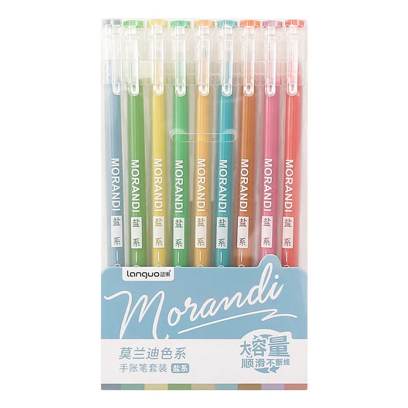Set of nine colourful retro-style gel pens with 0.5mm needle tips arranged in a pack.