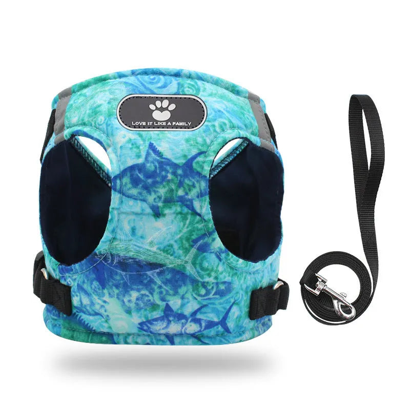 Dog vest traction chest strap in pure cotton, blue ocean colour, sizes XS to XL