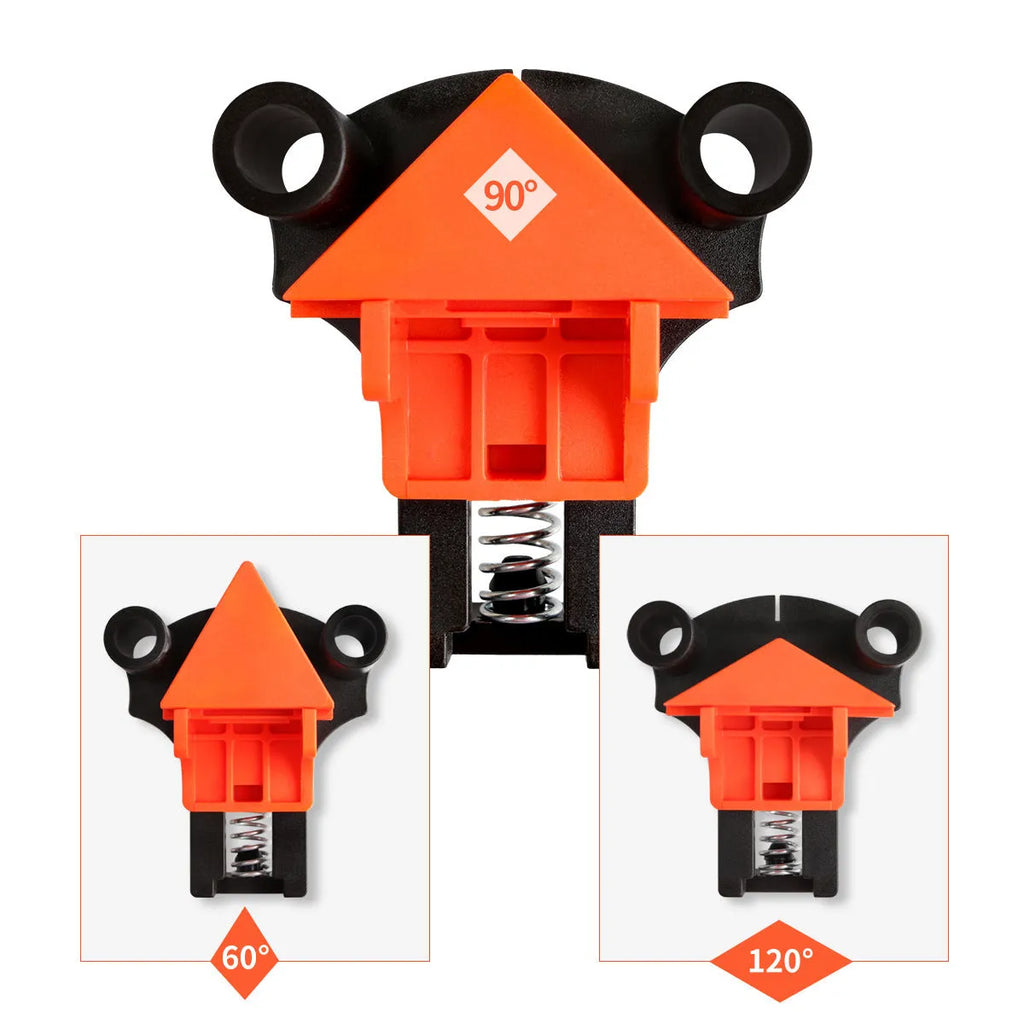 Four plastic 90-degree right angle wood clamps for frame and box assembly.
