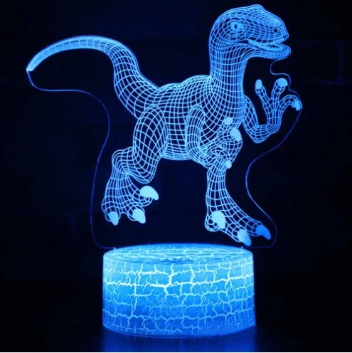Colourful dinosaur 3D LED night light with remote control on a desk