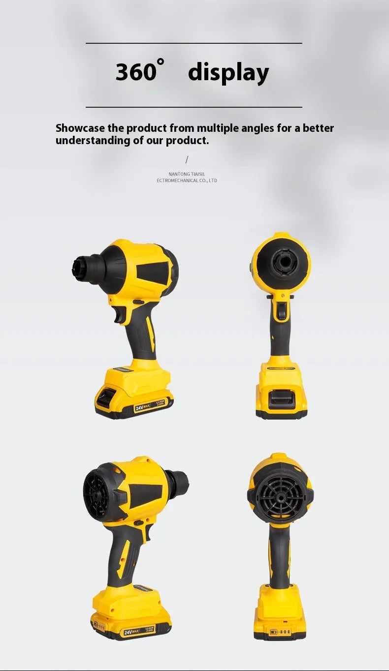 Yellow lithium battery powered dust gun with nozzle for portable cordless cleaning