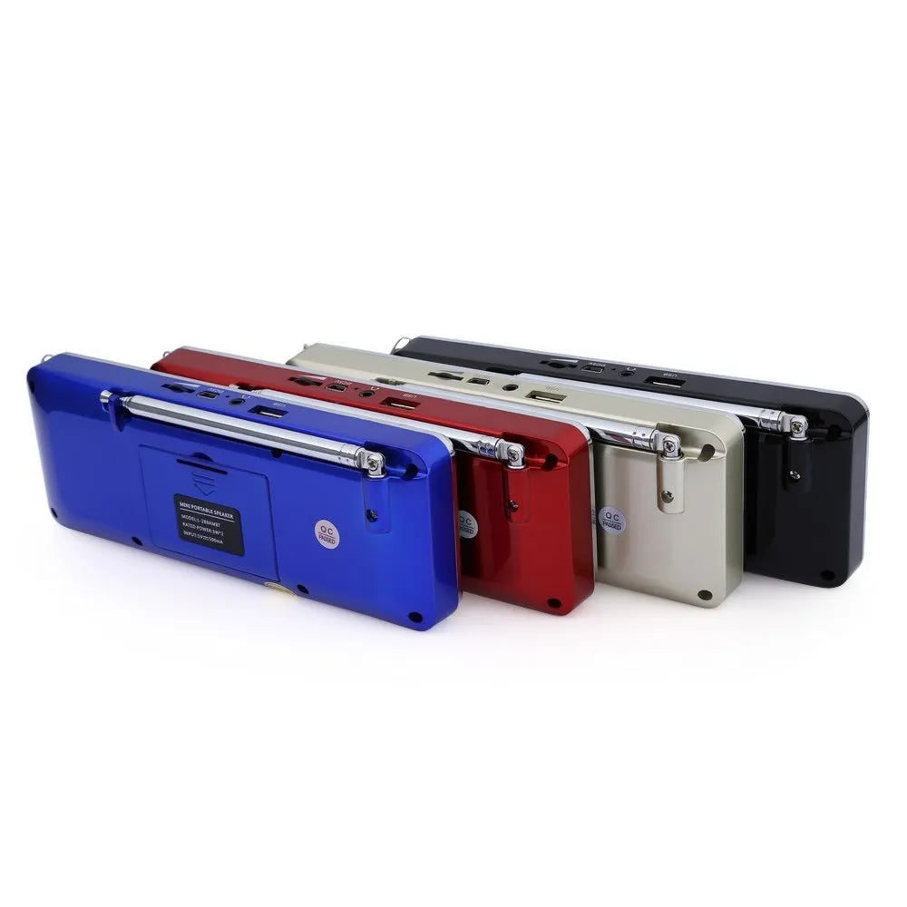 L-288AMBT portable Bluetooth speaker and AM FM radio with LCD screen in black, blue, gold, or red colour.