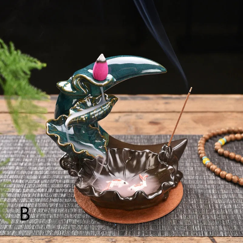 Monochrome glazed porcelain backflow incense burner holder, handmade Chinese abstract ornament for incense, colour A or B