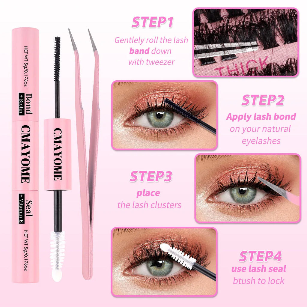 DIY false eyelashes extension kit showing segment cluster lashes and metal tweezers on a white background