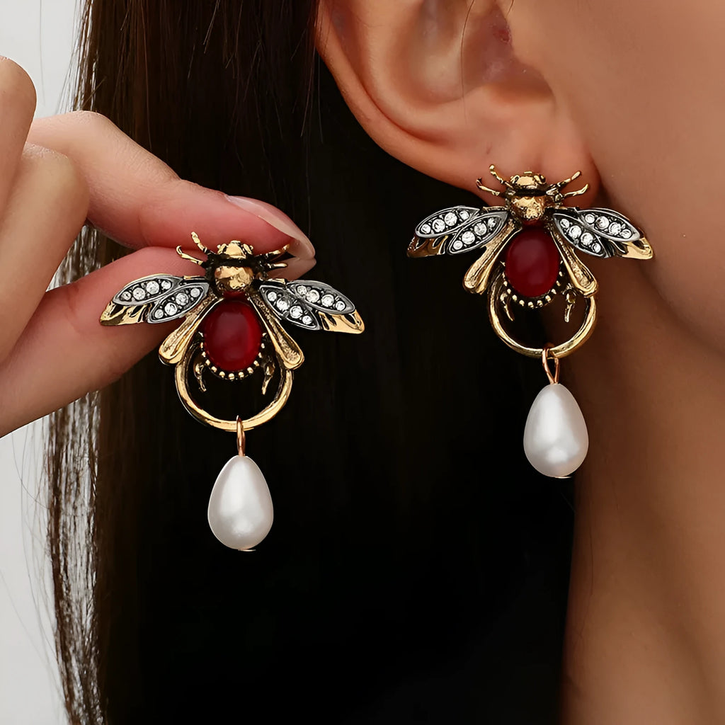 Retro bee drop earrings in alloy with regular chain, shown in gold or antique white K for women