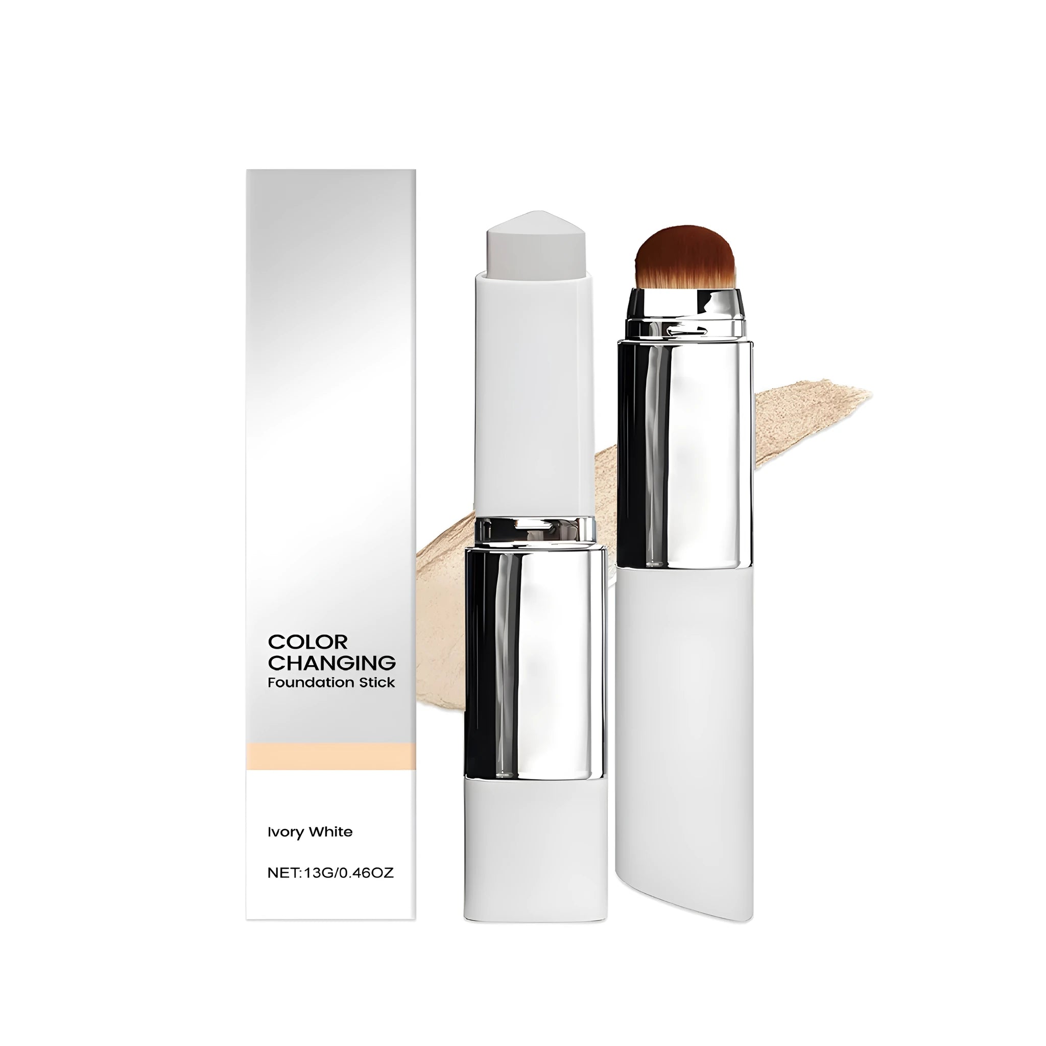 Foundation make-up stick in 13g size showing three colour options: ivory white, natural colour and deep flesh colour