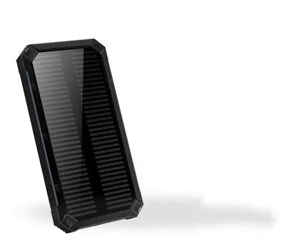 Solar power bank in orange, green, black or yellow with universal charging cable, showing solar panel.