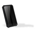 Solar power bank in orange, green, black or yellow with universal charging cable, showing solar panel.