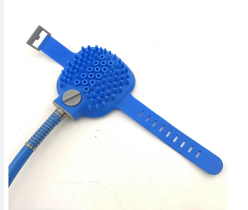 Pet bathing tool with silicone glove, 2.5m hose, and blue faucet adapter on a white background