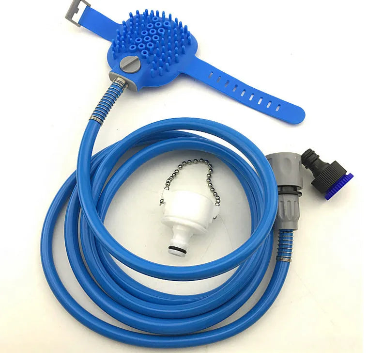 Pet bathing tool with silicone glove, 2.5m hose, and blue faucet adapter on a white background