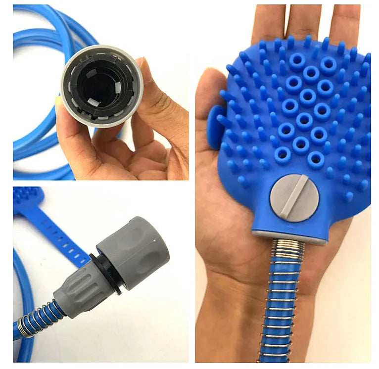Pet bathing tool with silicone glove, 2.5m hose, and blue faucet adapter on a white background