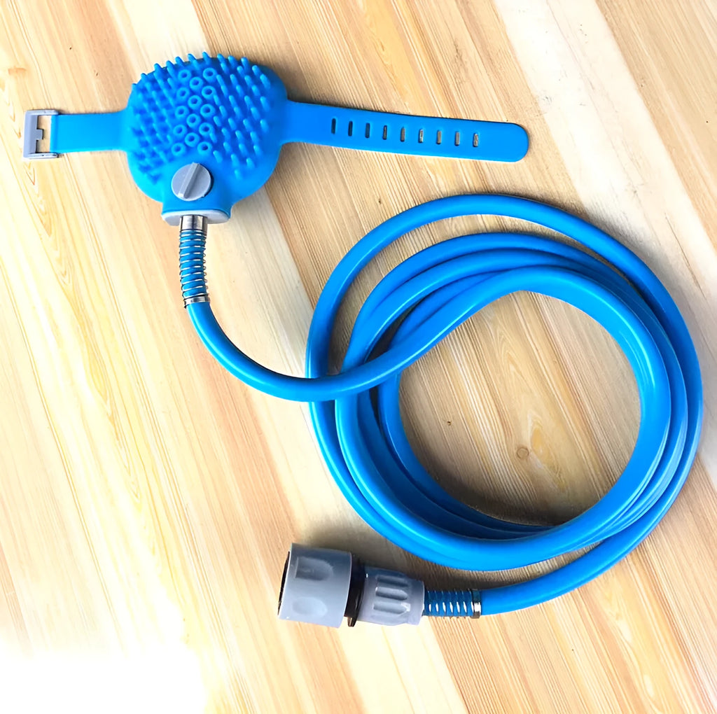 Pet bathing tool with silicone glove, 2.5m hose, and blue faucet adapter on a white background