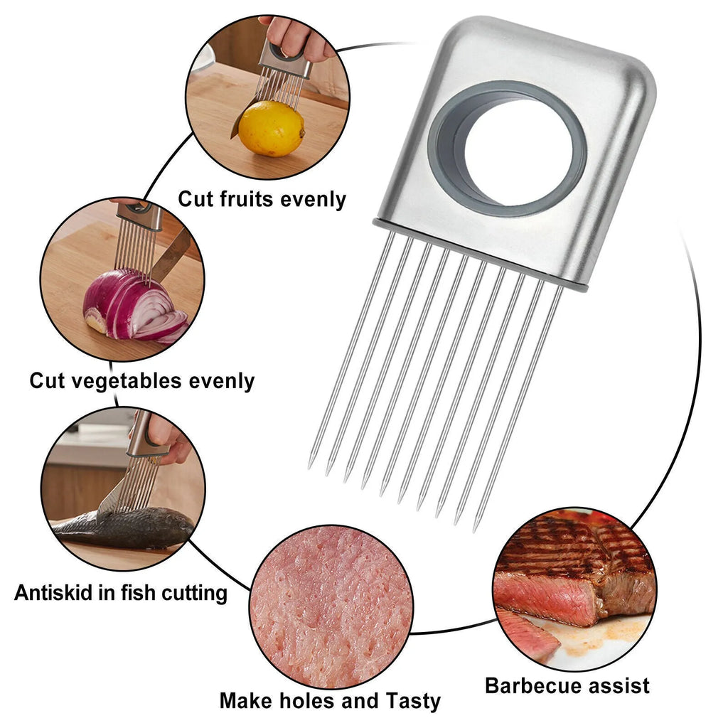 Stainless steel onion holder slicer with sharp prongs and a separate finger guard on a kitchen counter.