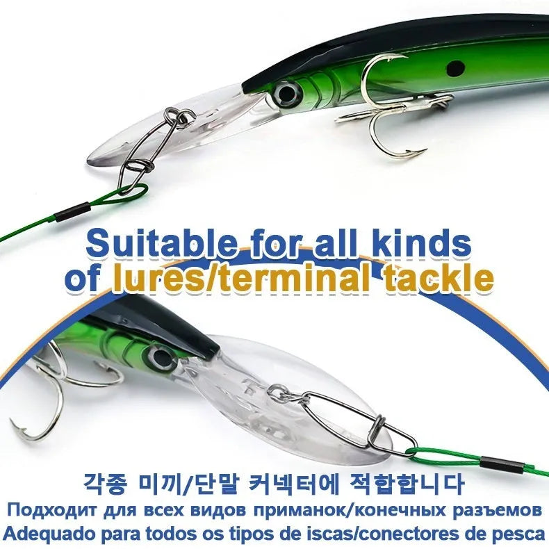 Set of green, black, and red steel wire fishing pins with double buckle ends, each 54cm long.