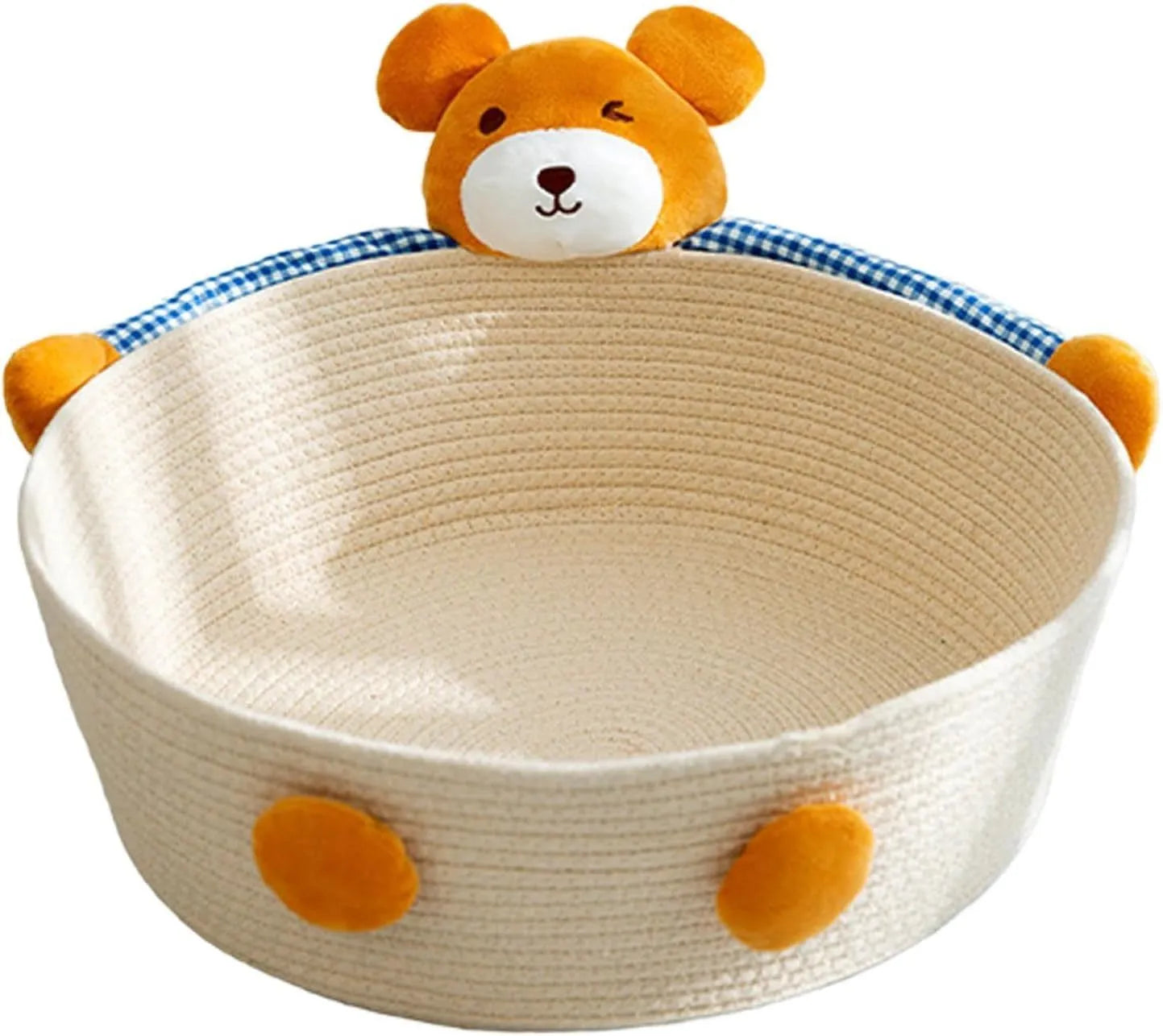 Woven cotton rope cat bed basket with scratching pad in bear design, shown in medium size.