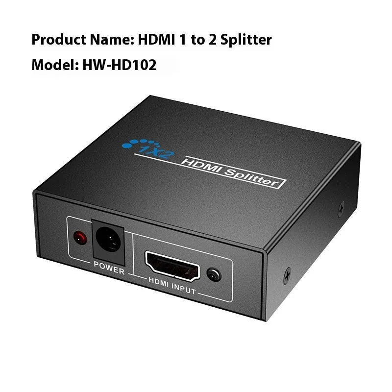 HDMI splitter unit with two output ports and USB power cable for 4K video distribution