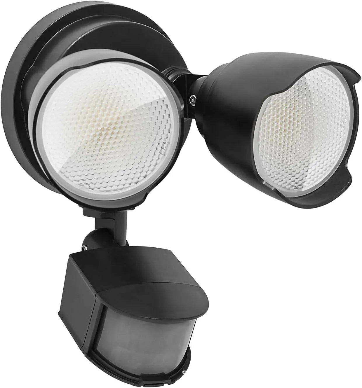White rectangular PIR motion sensor security flood light with LED panel, showing wall mount bracket.