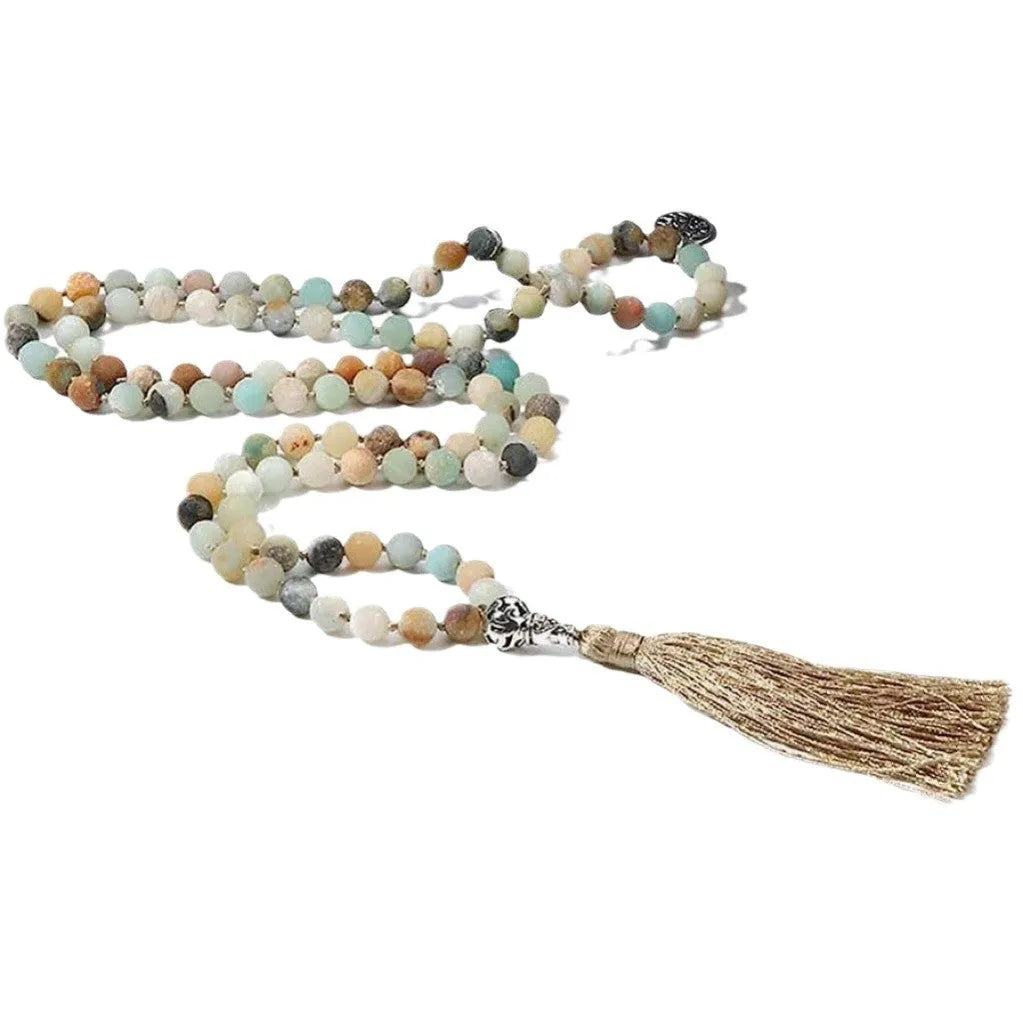 Handmade natural stone beaded necklace with 108 8mm beads showing geometric shape and 81cm length