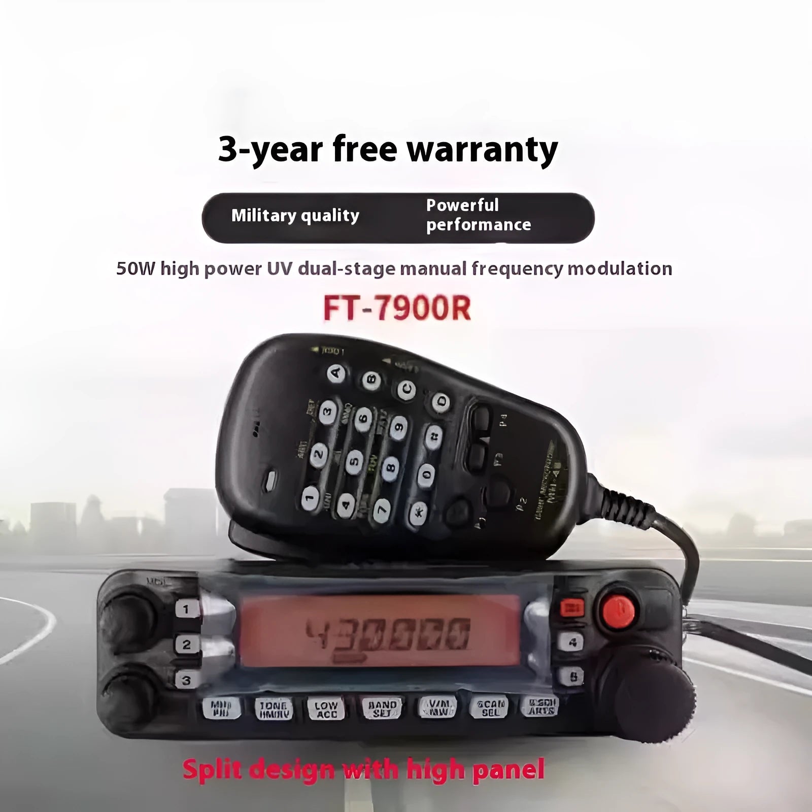 High-power car interphone radio unit with 507 antenna and universal clamp for vehicle dashboard mounting.