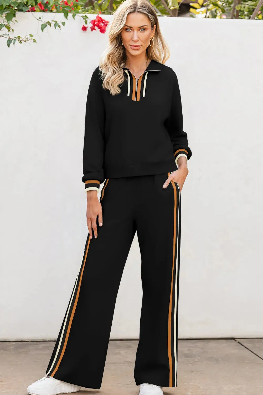 Black striped patchwork quarter zip pullover and loose pant set, sizes S-XL